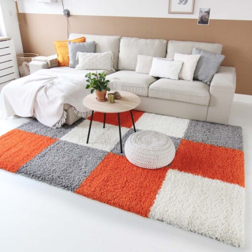 Tapis de couloir poils longs carreaux Shaggy Trend - orange