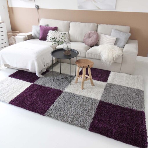 Tapis de couloir poils longs carreaux Shaggy Trend - violet