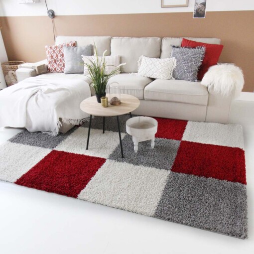 Tapis poils longs carreaux Shaggy Trend - rouge