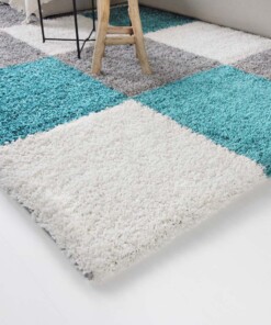 Tapis poils longs carreaux Shaggy Trend - turquoise - close up hoek