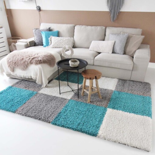 Tapis de couloir poils longs carreaux Shaggy Trend - turquoise - sfeer