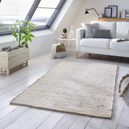 Tapis de couloir en laine tissé main Oslo - Crème/bleu - sfeer