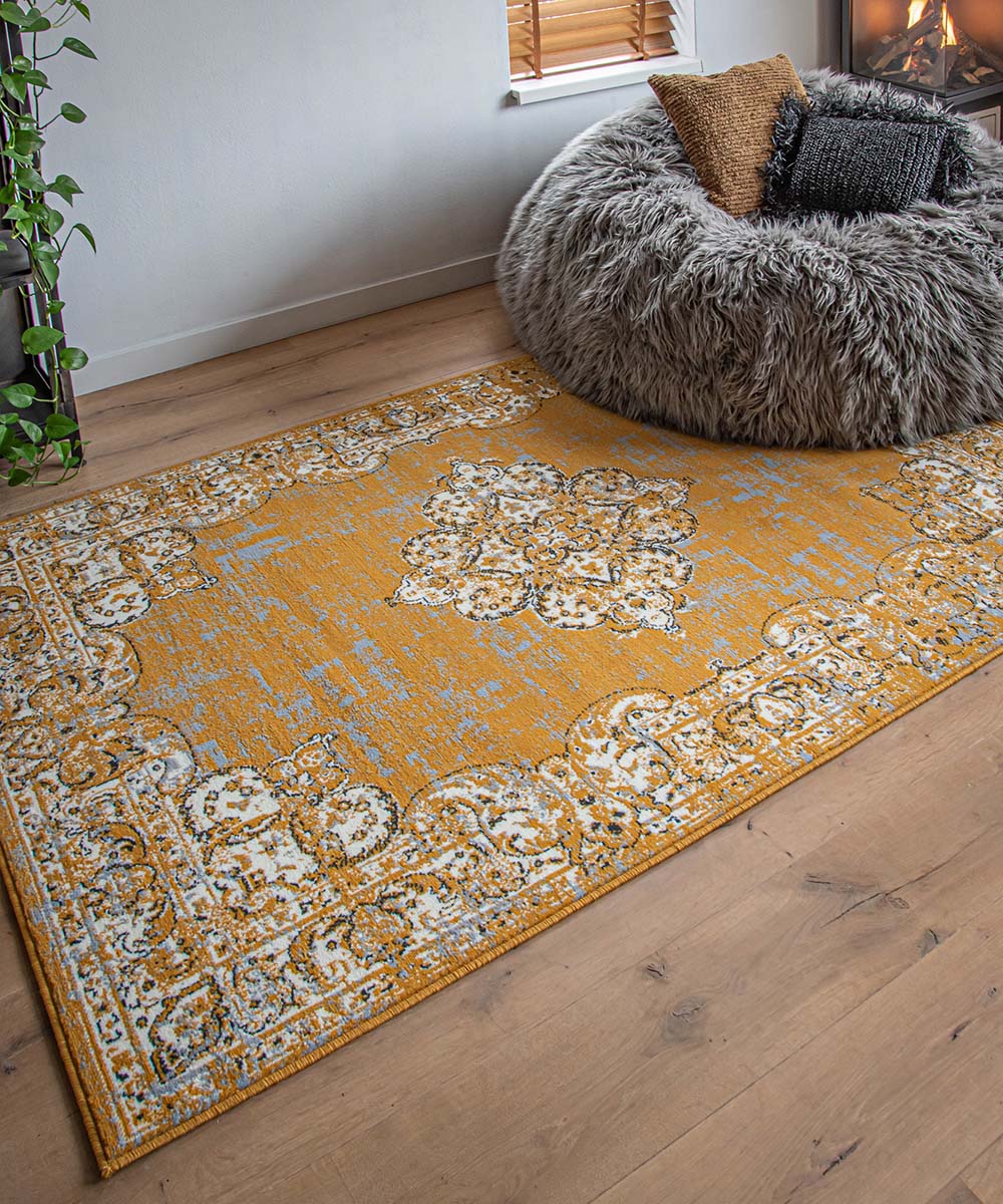 Tapis jaune pas cher : jaune moutarde, gris, bleu - Tapis Chic