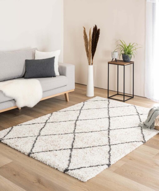 Tapis de couloir losange poils longs Artisan - blanc/gris - sfeer