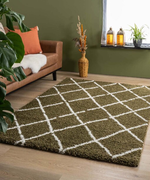 Tapis de couloir poils longs losange Artisan - vert olive/blanc - sfeer