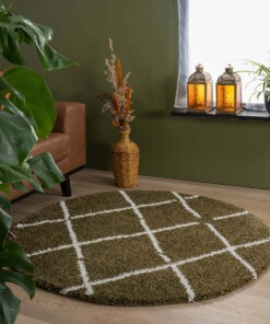 Tapis poils longs Rond losange Artisan - vert olive/blanc - sfeer
