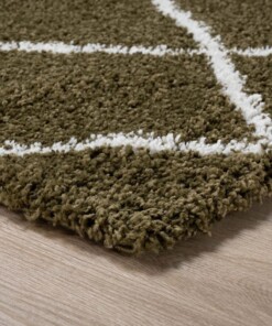 Tapis poils longs Carré losange Artisan - vert olive/blanc - close up hoek, thumbnail Tapis poils longs Carré losange Artisan - vert olive/blanc - close up hoek, thumbnail