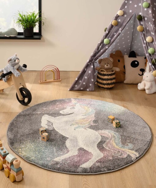 Tapis Licorne Rond - Dreams gris/Multicolore