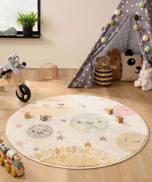 Tapis enfant Rond Planètes - Dreams blanc/Multicolore