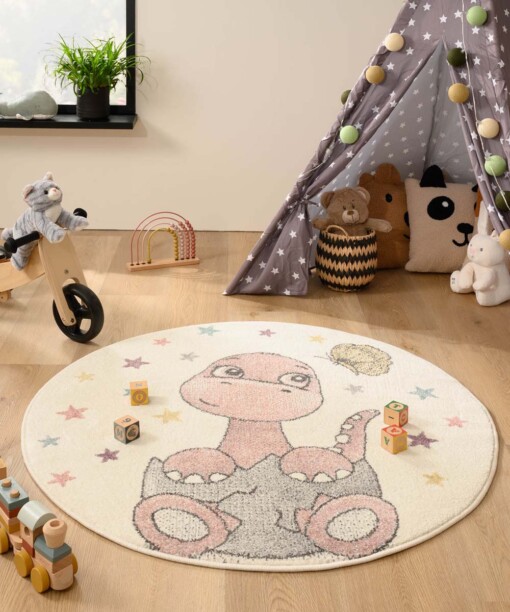Tapis Dino Rond - Dreams blanc/rose