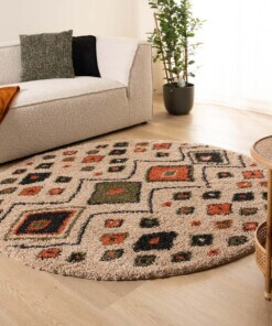 Tapis rond poils longs - Artisan beige/multi