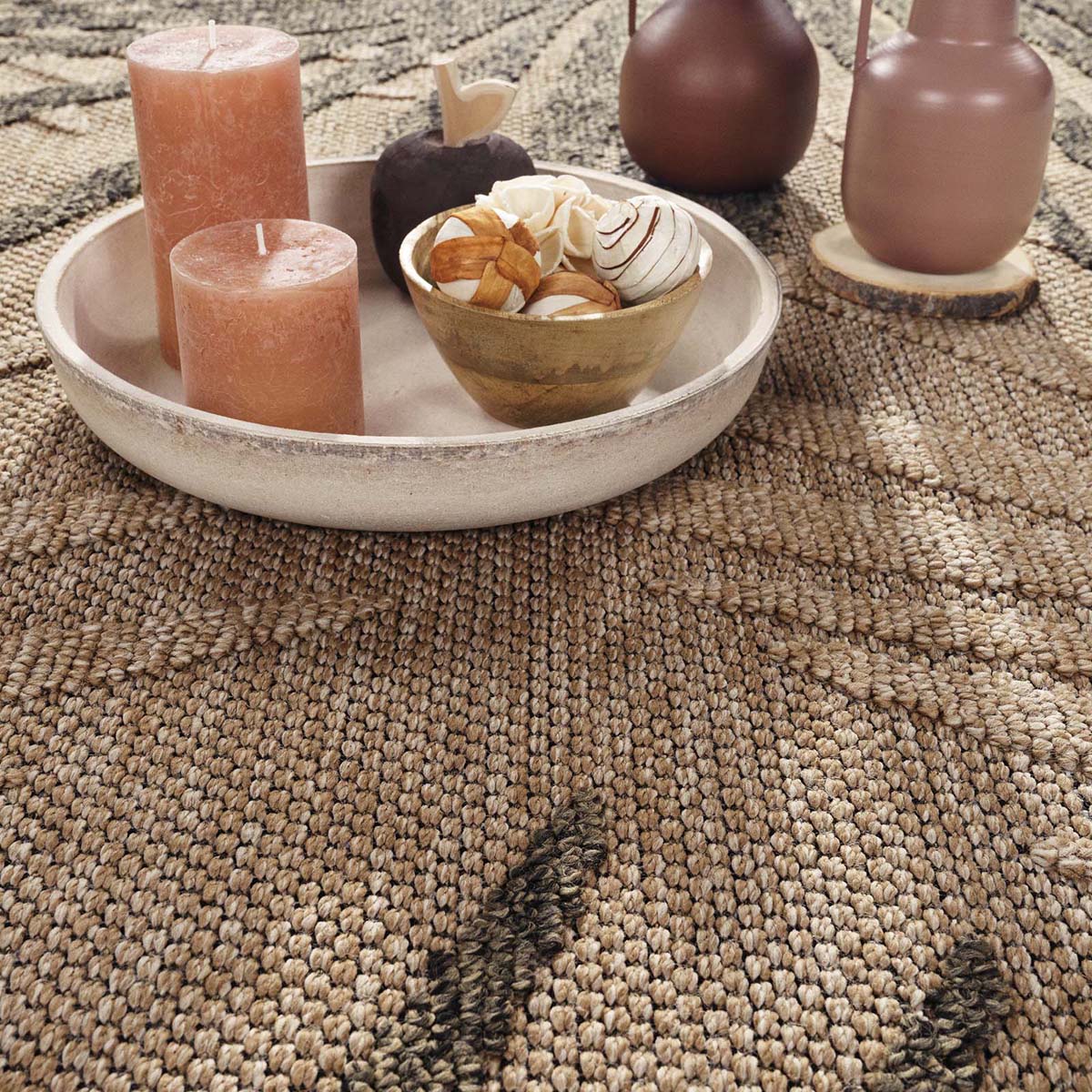 Tapis extérieur jute - Palms beige/noir - close up Tapis extérieur jute - Palms beige/noir - close up