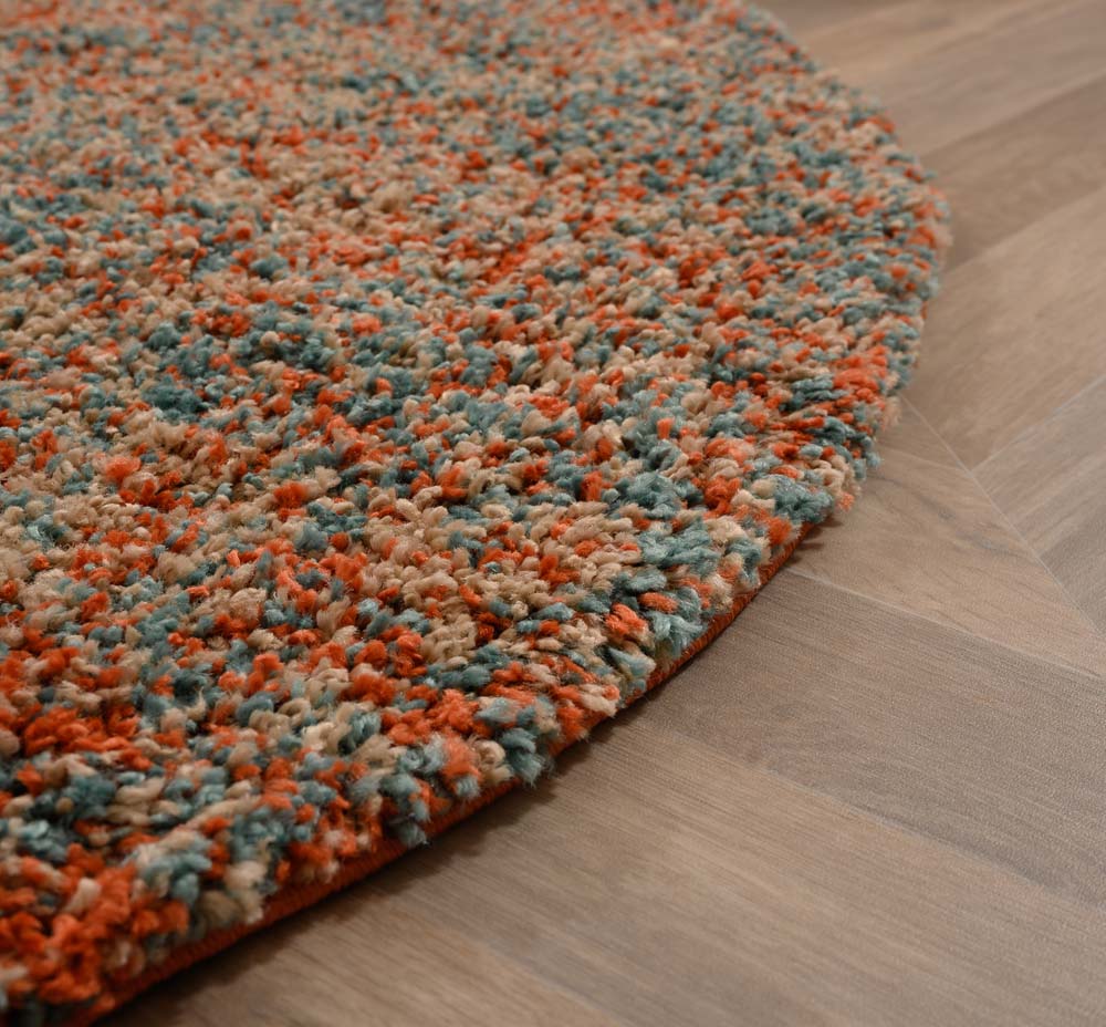 Tapis rond poils longs - Blend orange/bleu - close up Tapis rond poils longs - Blend orange/bleu - close up