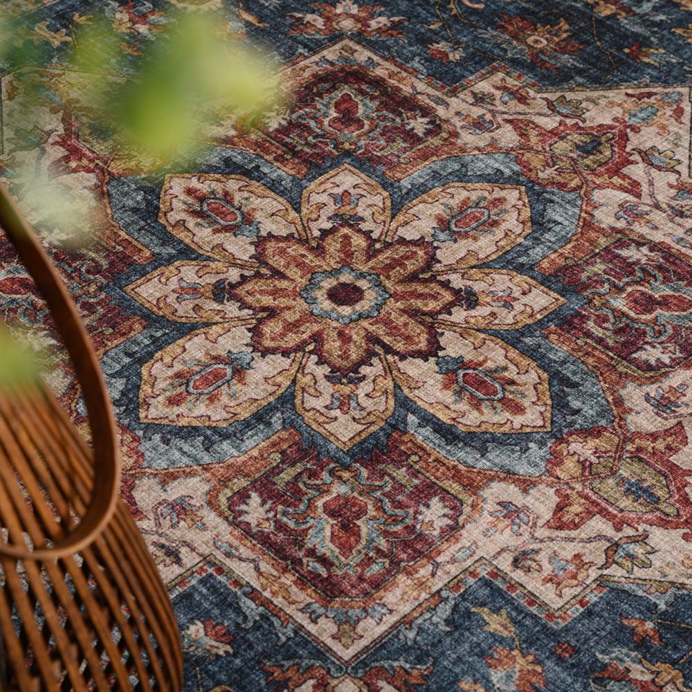 Tapis extérieur vintage - Valenca Brio beige/bleu - close up Tapis extérieur vintage - Valenca Brio beige/bleu - close up