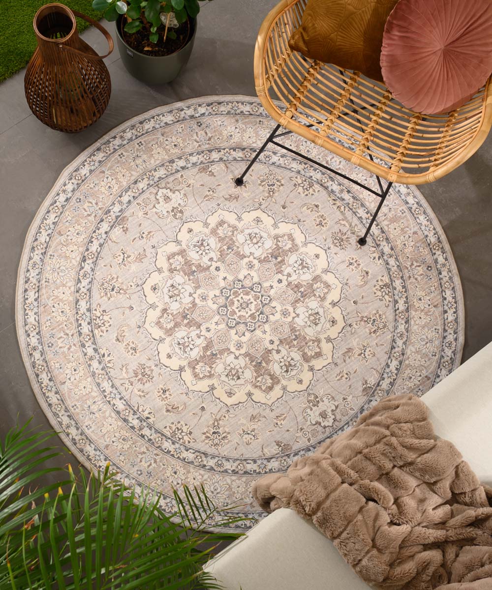Tapis extérieur rond vintage - Valenca Nova beige/gris clair - sfeer Tapis extérieur rond vintage - Valenca Nova beige/gris clair - sfeer