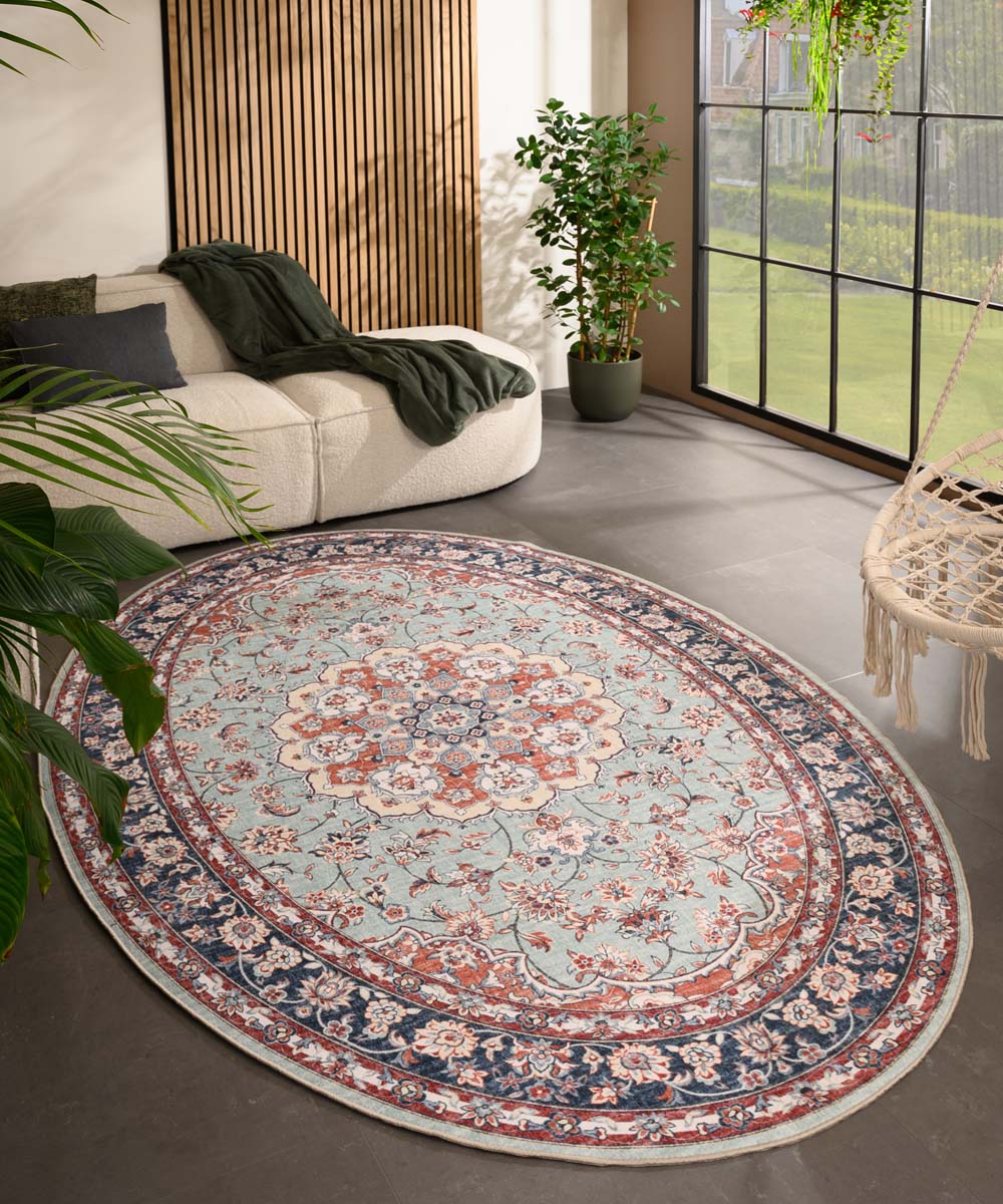 Tapis extérieur vintage ovale - Valenca Nova vert sauge/rouge - sfeer Tapis extérieur vintage ovale - Valenca Nova vert sauge/rouge - sfeer