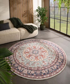 Tapis extérieur rond vintage - Valenca Nova vert sauge/rouge - sfeer