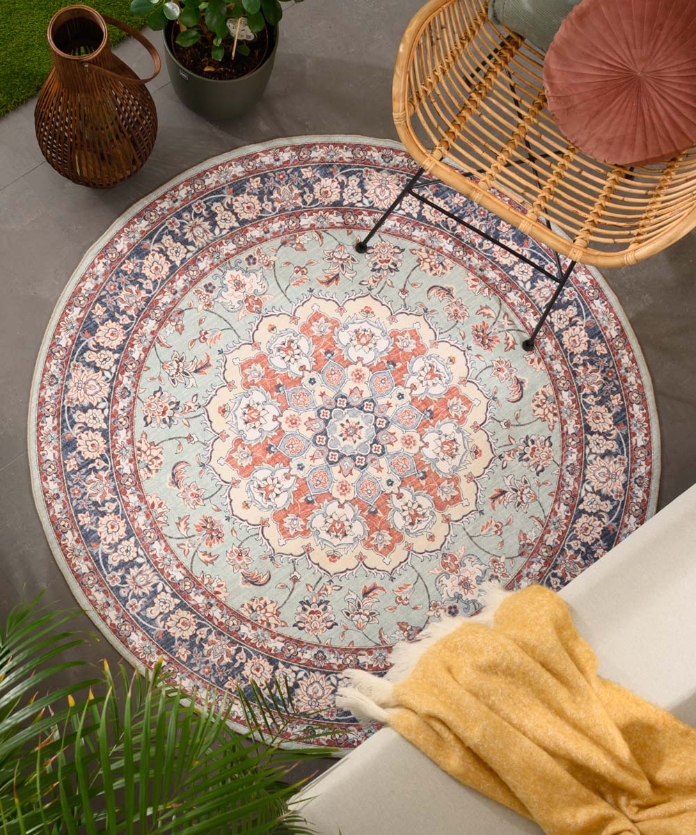 Tapis extérieur rond vintage - Valenca Nova vert sauge/rouge - sfeer Tapis extérieur rond vintage - Valenca Nova vert sauge/rouge - sfeer