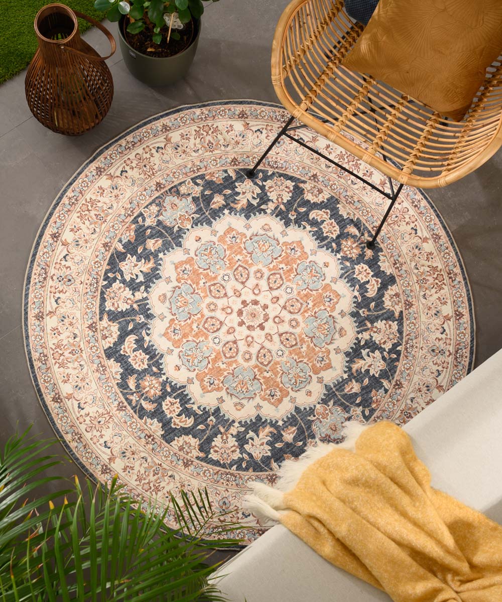 Tapis extérieur rond vintage - Valenca Nova or/bleu - sfeer Tapis extérieur rond vintage - Valenca Nova or/bleu - sfeer