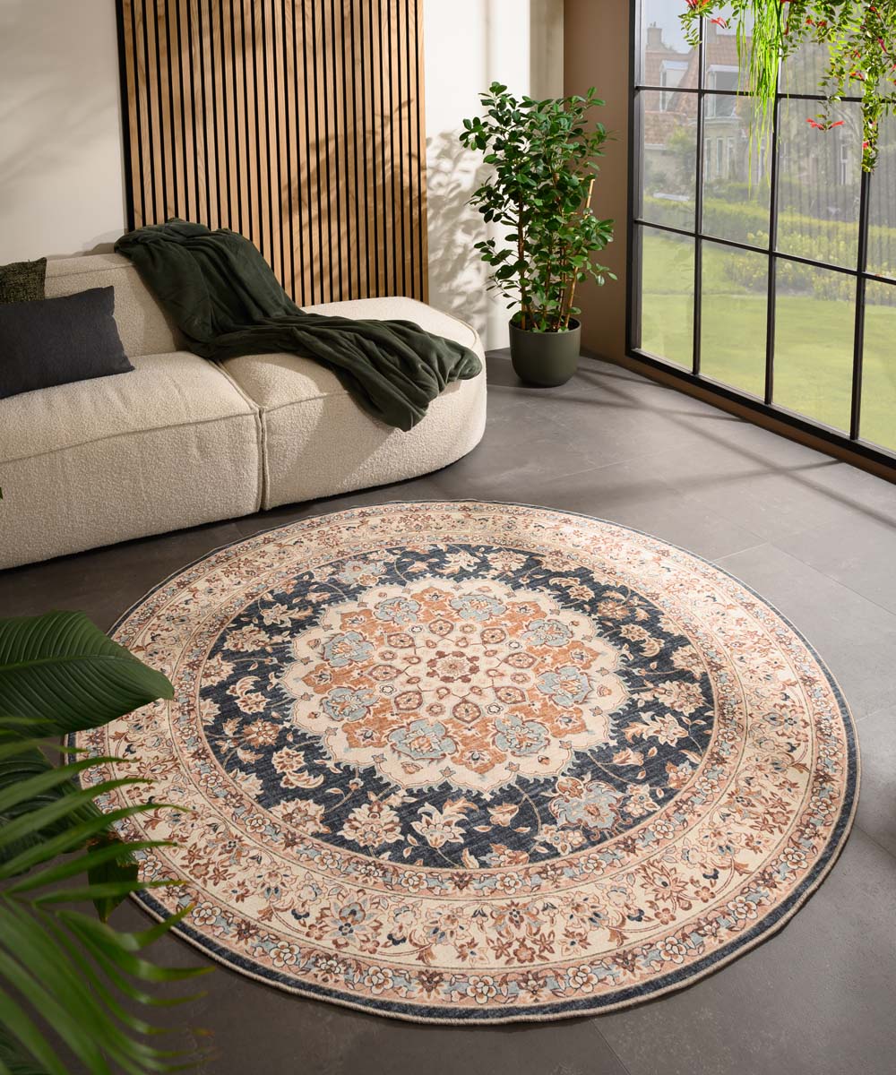 Tapis extérieur rond vintage - Valenca Nova or/bleu - sfeer Tapis extérieur rond vintage - Valenca Nova or/bleu - sfeer