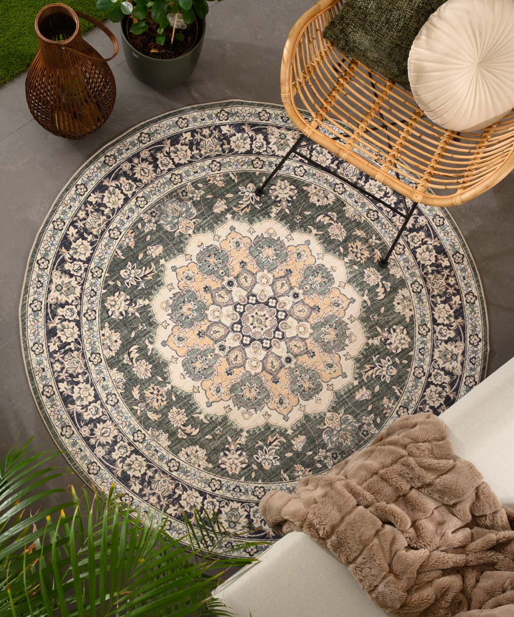 Tapis extérieur rond vintage - Valenca Nova vert foncé - sfeer Tapis extérieur rond vintage - Valenca Nova vert foncé - sfeer