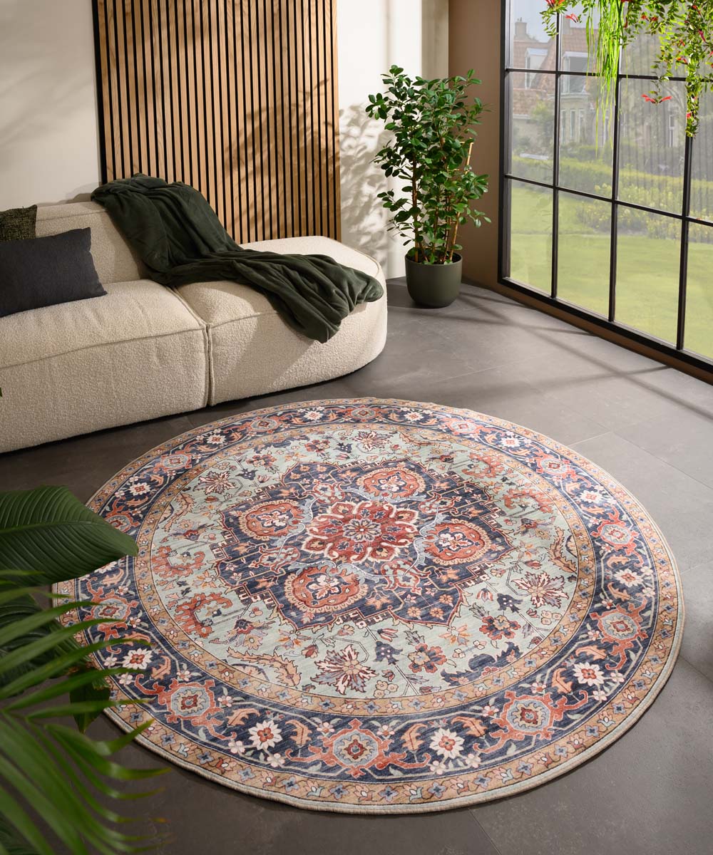 Tapis extérieur rond vintage - Valenca Fino vert/bleu - sfeer Tapis extérieur rond vintage - Valenca Fino vert/bleu - sfeer