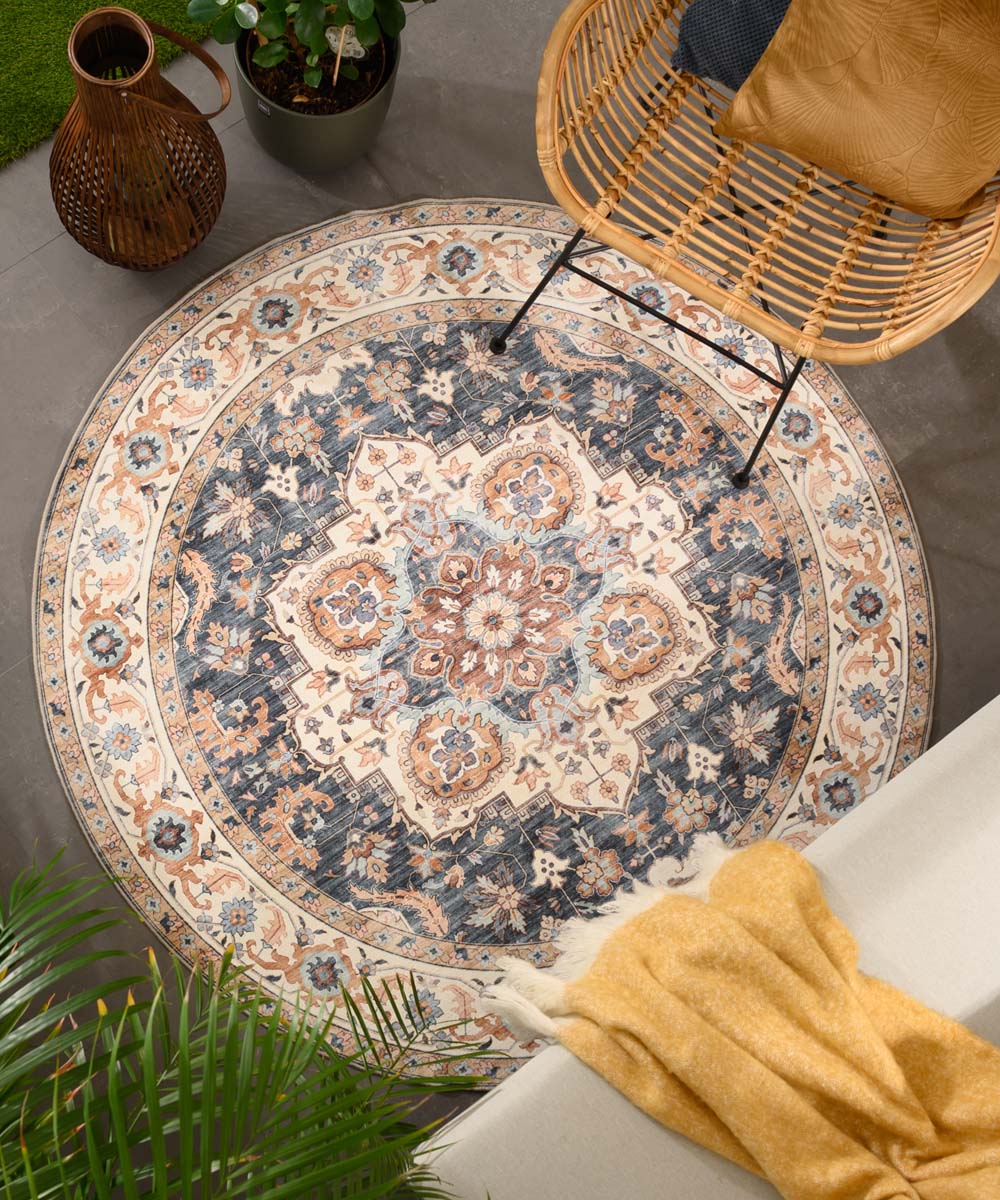 Tapis extérieur rond vintage - Valenca Fino or/bleu - sfeer Tapis extérieur rond vintage - Valenca Fino or/bleu - sfeer