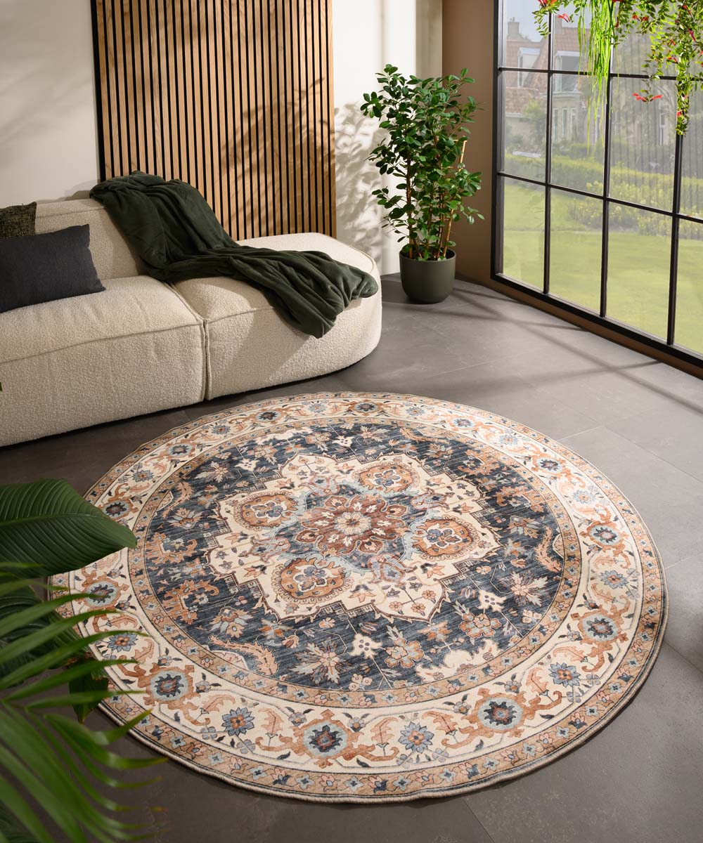 Tapis extérieur rond vintage - Valenca Fino or/bleu - sfeer Tapis extérieur rond vintage - Valenca Fino or/bleu - sfeer