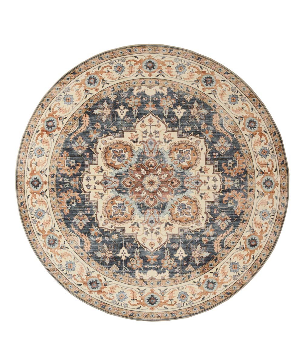 Tapis extérieur rond vintage - Valenca Fino or/bleu - overzicht Tapis extérieur rond vintage - Valenca Fino or/bleu - overzicht