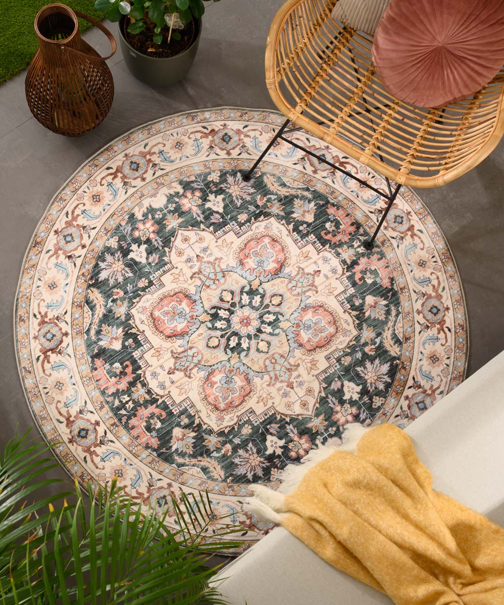 Tapis extérieur rond vintage - Valenca Fino vert/rouge - sfeer Tapis extérieur rond vintage - Valenca Fino vert/rouge - sfeer