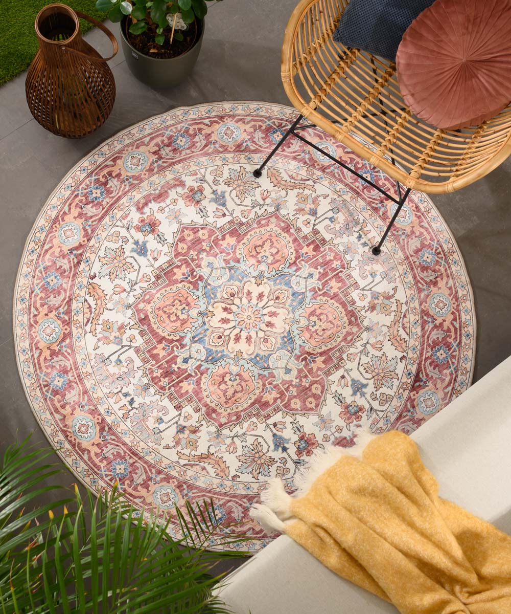 Tapis extérieur rond vintage - Valenca Fino crème/rouge - sfeer Tapis extérieur rond vintage - Valenca Fino crème/rouge - sfeer