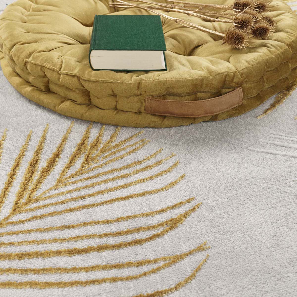 Tapis poil ras - Tropical Palms gris/jaune - close up Tapis poil ras - Tropical Palms gris/jaune - close up