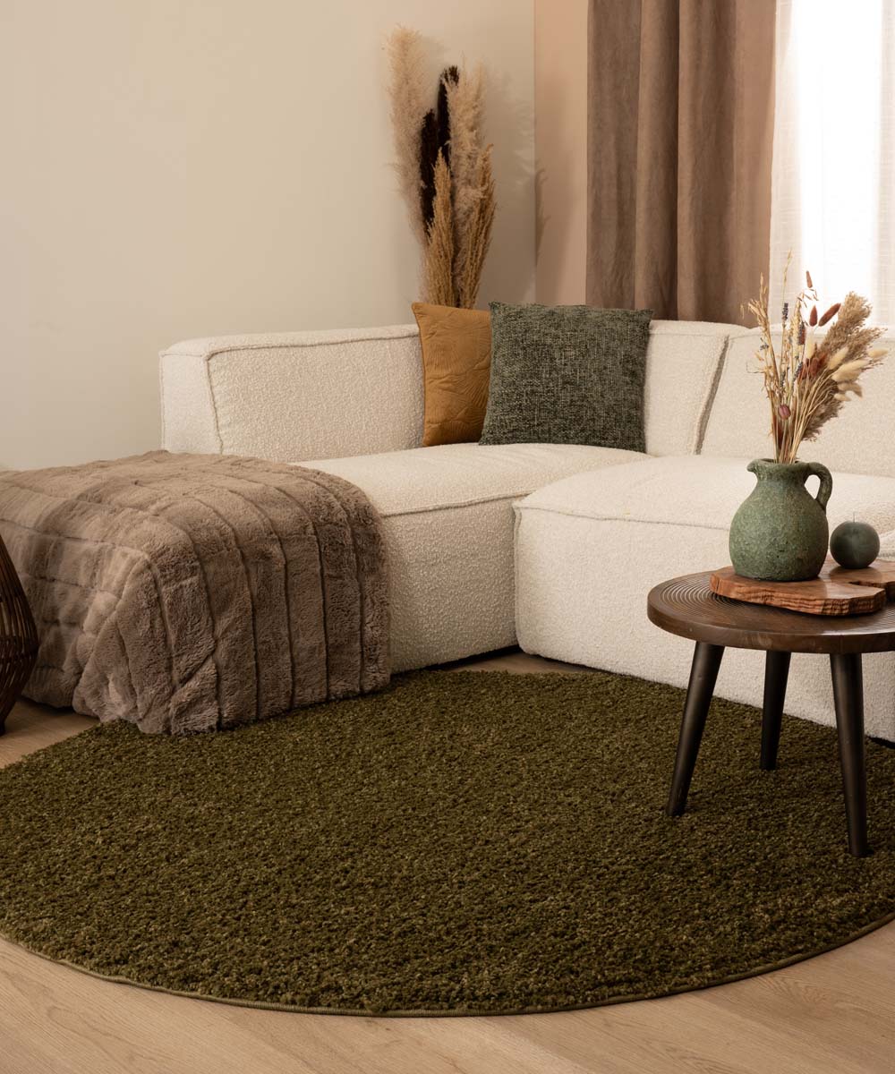 Tapis rond poils longs Shaggy Trend - vert olive - sfeer Tapis rond poils longs Shaggy Trend - vert olive - sfeer