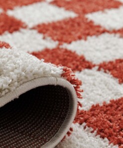 Tapis rond rétro - Check ivoire/corail - close up