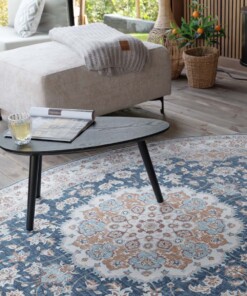 Tapis extérieur vintage ovale - Valenca Nova or/bleu - close up, thumbnail