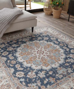 Tapis extérieur vintage carré - Valenca Nova or/bleu - close up, thumbnail