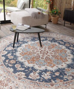 Tapis extérieur rond vintage - Valenca Nova or/bleu - close up, thumbnail