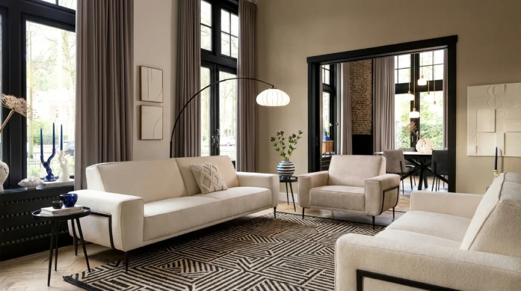 tapis noir et beige en salon