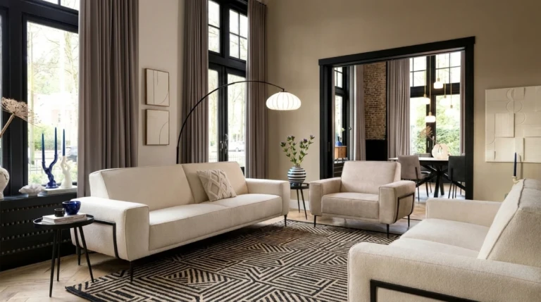 tapis noir et beige en salon