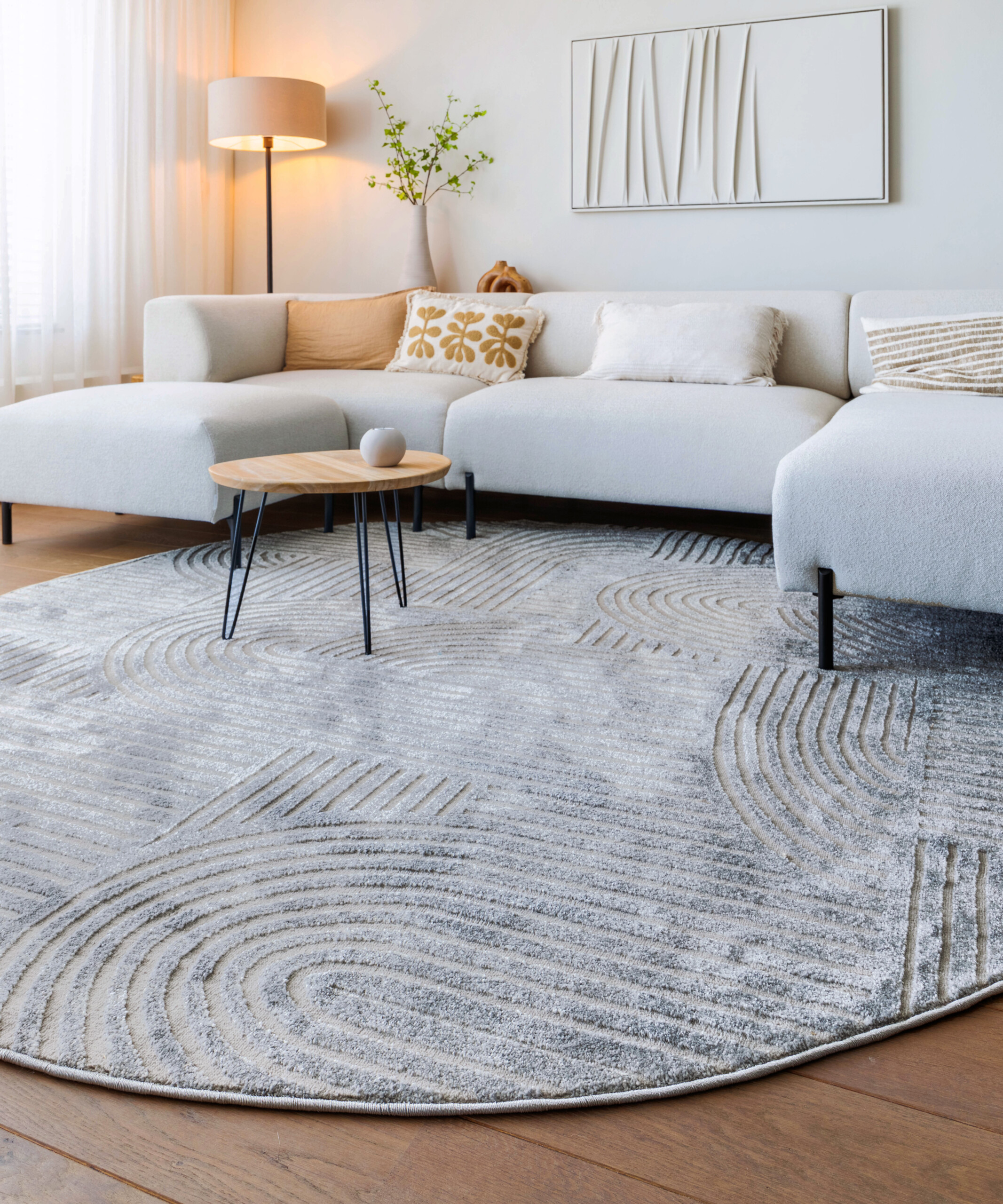 Tapis Rond scandinave - Contour Bend gris - sfeer Tapis Rond scandinave - Contour Bend gris - sfeer