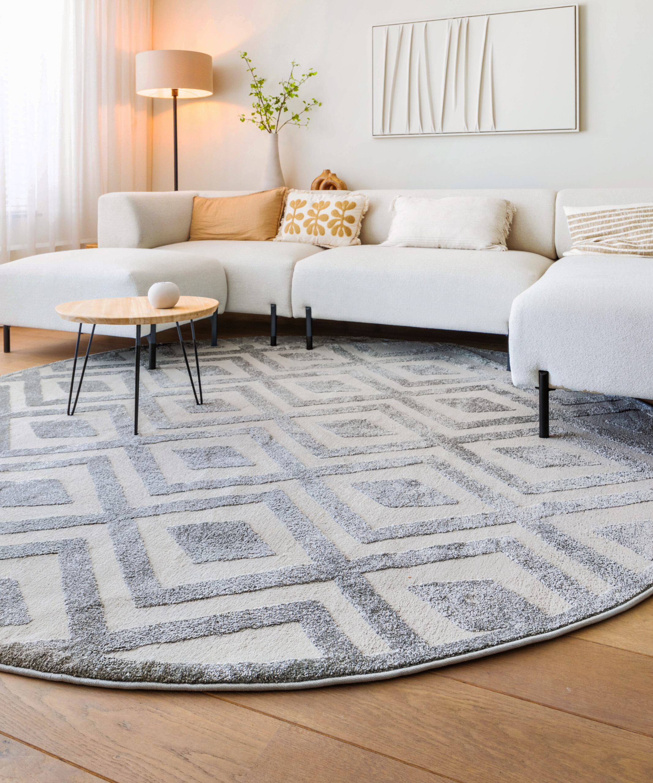Tapis Rond scandinave - Contour Diamond gris - sfeer Tapis Rond scandinave - Contour Diamond gris - sfeer